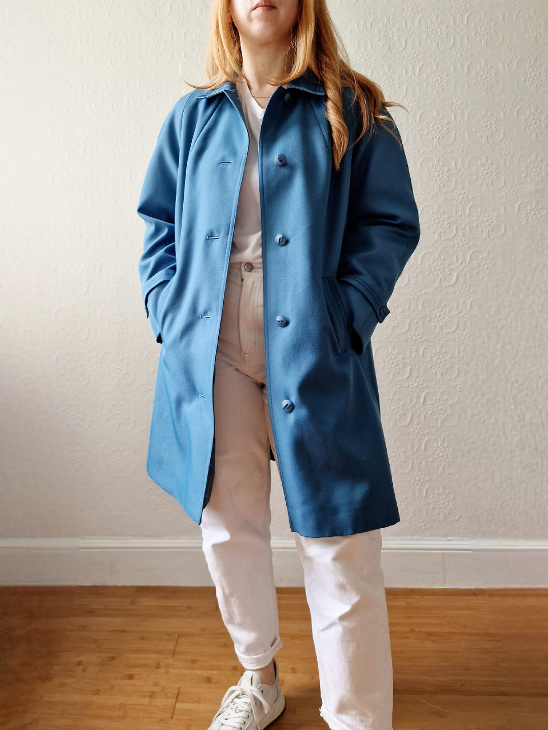 Vintage Blue Single Breasted Medium Length Trench Coat with Removable Lining - S/M