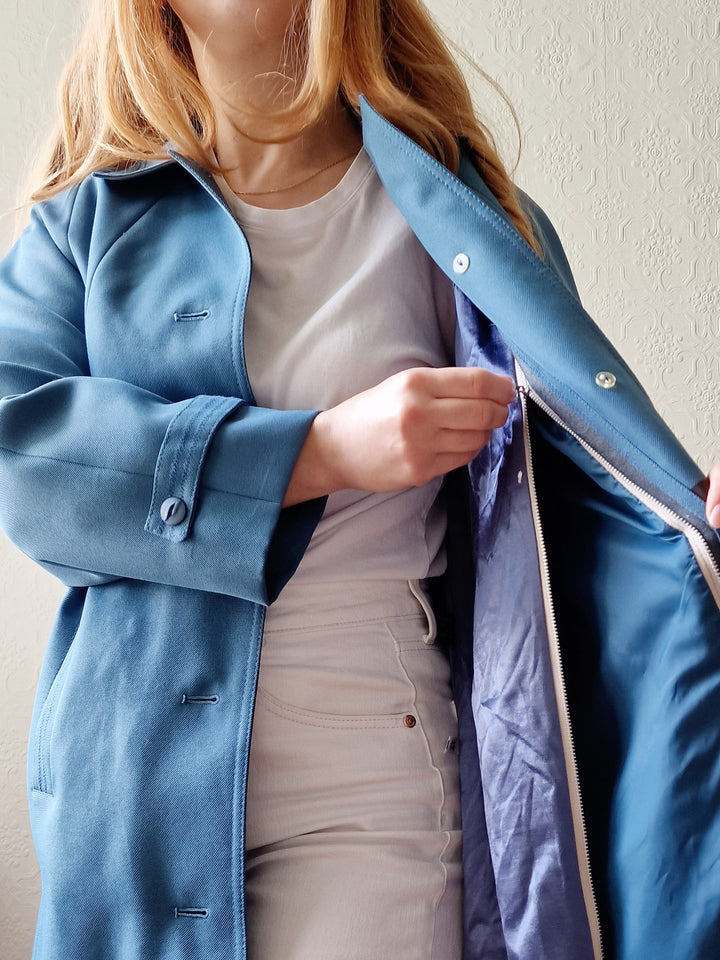 Vintage Blue Single Breasted Medium Length Trench Coat with Removable Lining - S/M