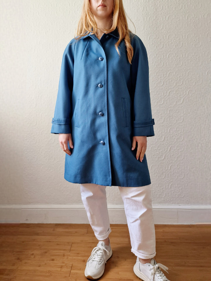 Vintage Blue Single Breasted Medium Length Trench Coat with Removable Lining - S/M