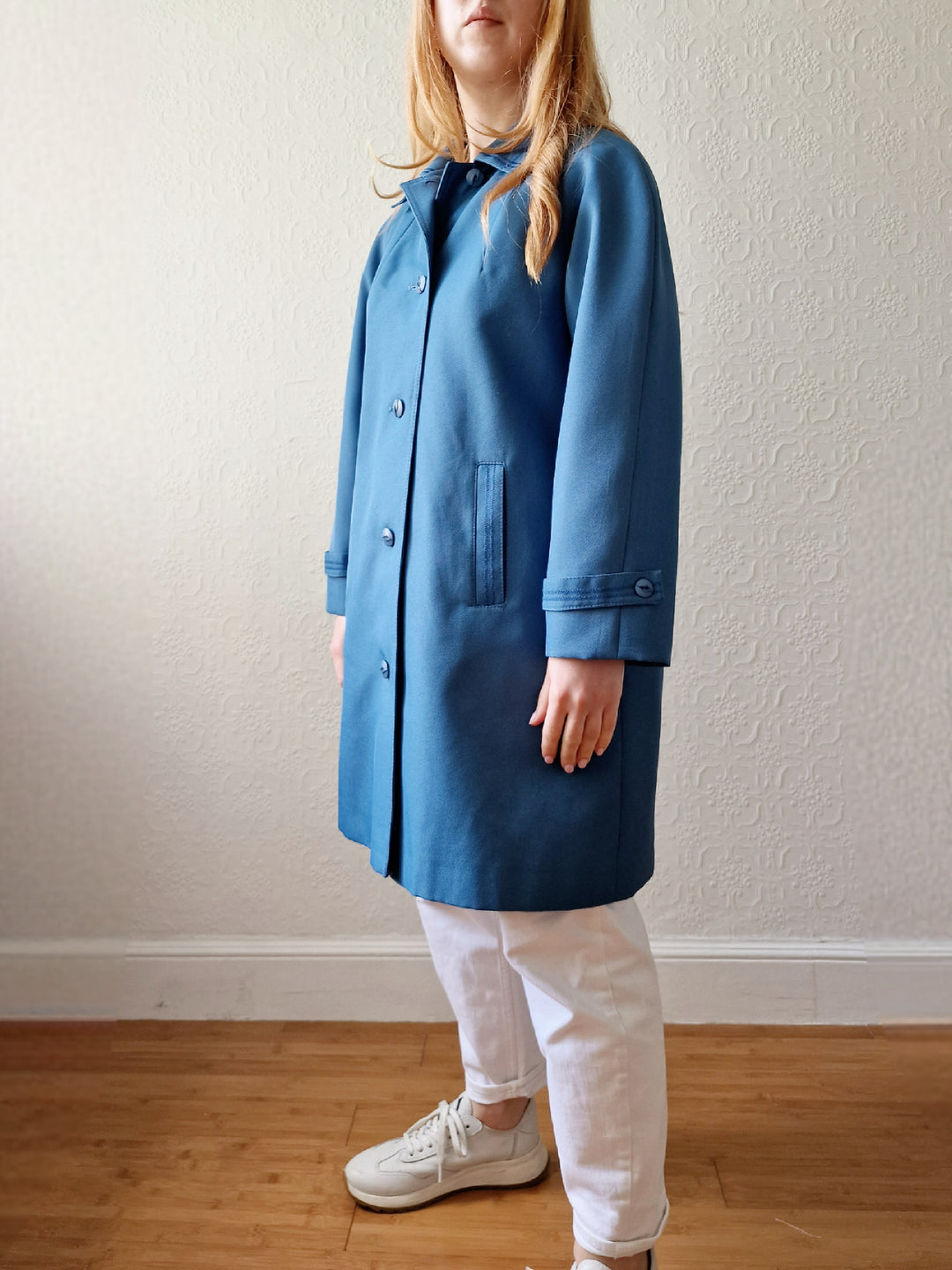 Vintage Blue Single Breasted Medium Length Trench Coat with Removable Lining - S/M