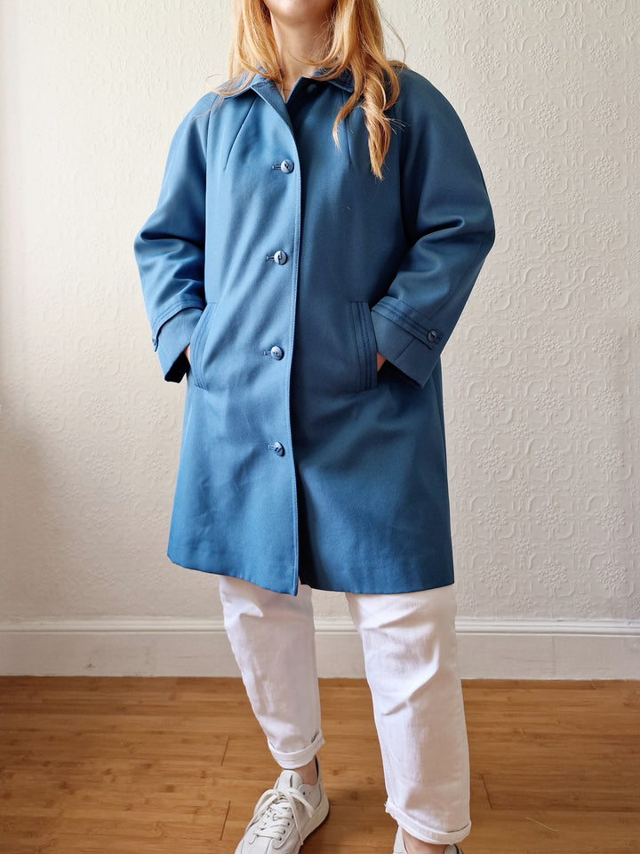 Vintage Blue Single Breasted Medium Length Trench Coat with Removable Lining - S/M