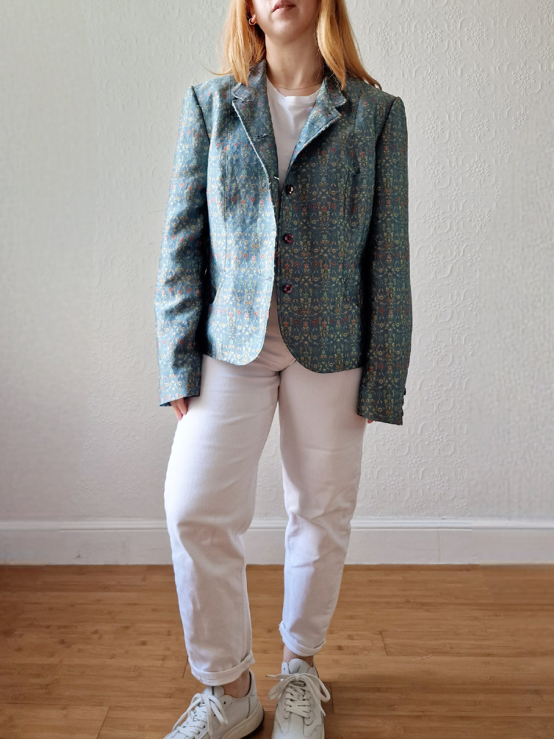 Vintage 90s Light Green Teal Jacquard Floral Blazer - M