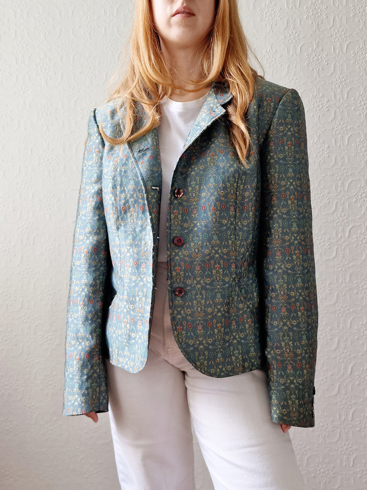 Vintage 90s Light Green Teal Jacquard Floral Blazer - M