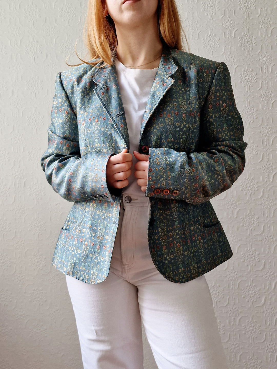 Vintage 90s Light Green Teal Jacquard Floral Blazer - M