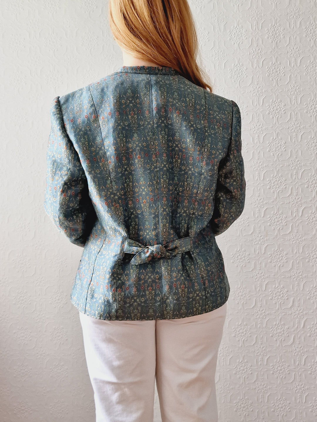 Vintage 90s Light Green Teal Jacquard Floral Blazer - M