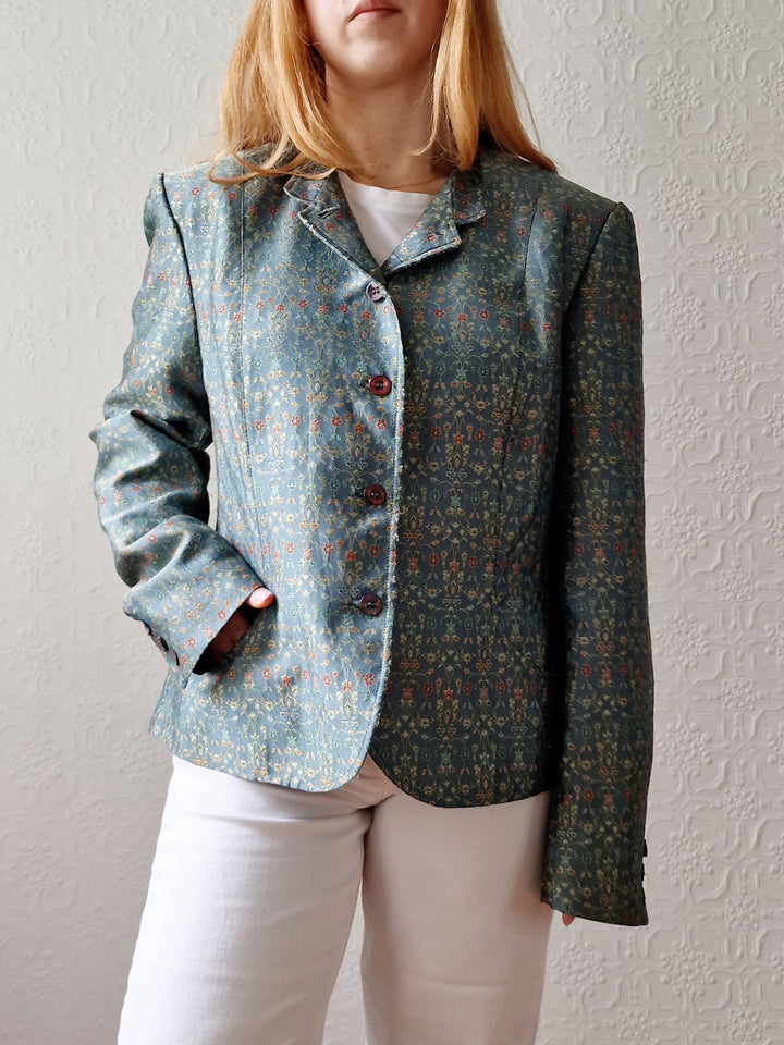 Vintage 90s Light Green Teal Jacquard Floral Blazer - M