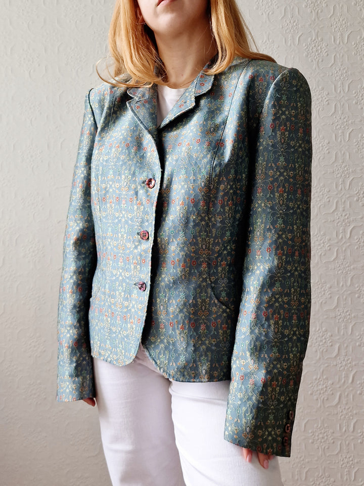 Vintage 90s Light Green Teal Jacquard Floral Blazer - M