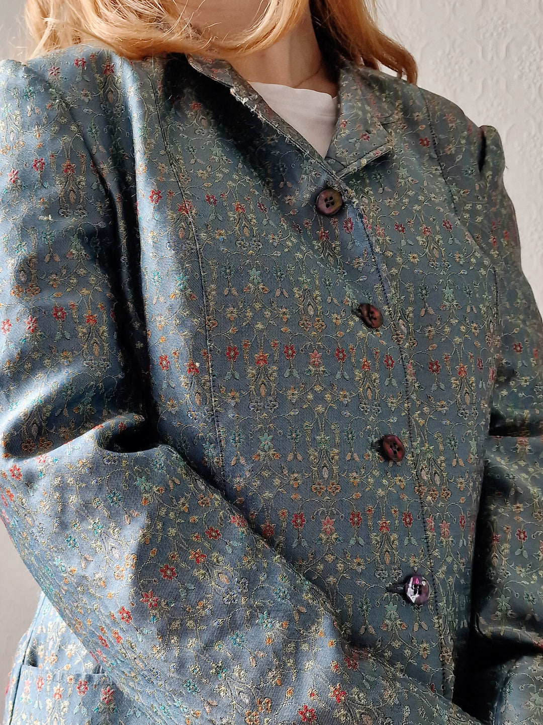 Vintage 90s Light Green Teal Jacquard Floral Blazer - M