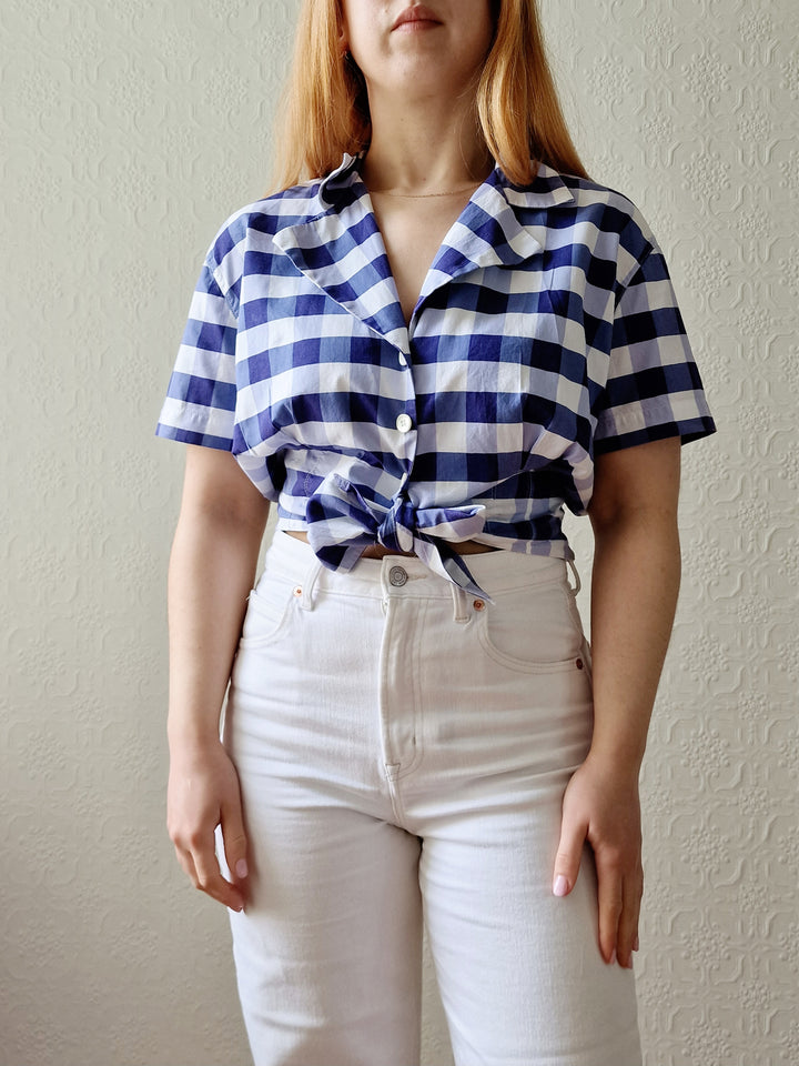 Vintage 90s White & Blue Gingham Cropped Blouse Top - M/L