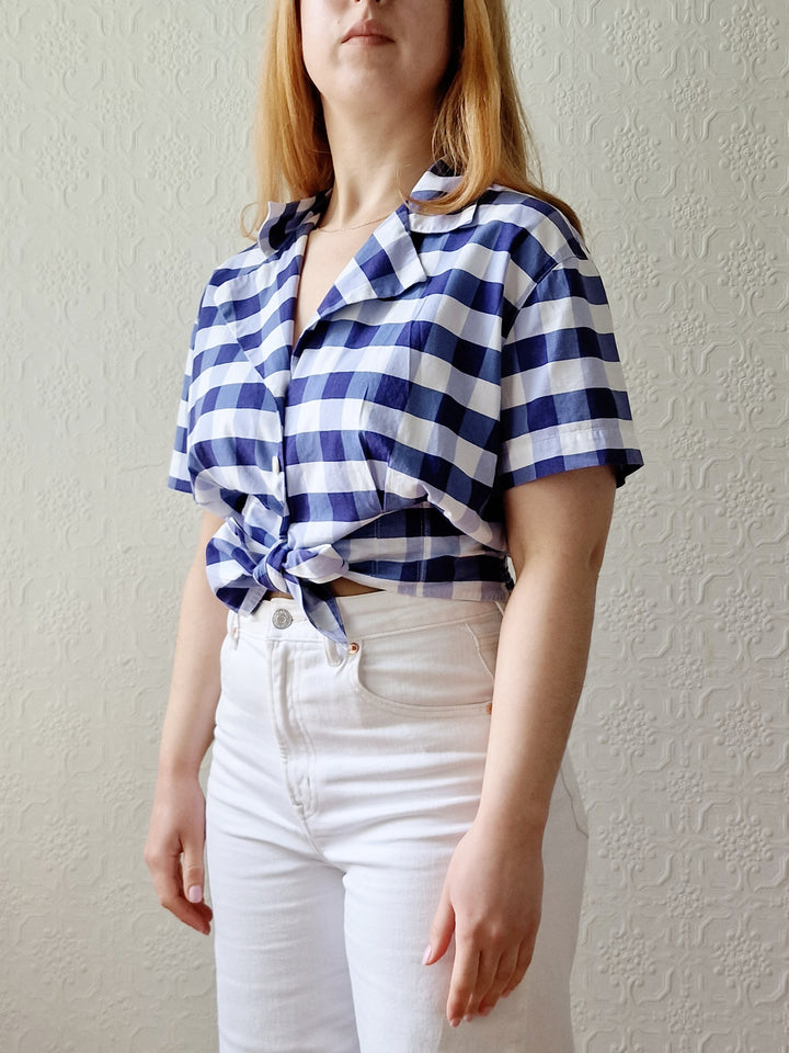 Vintage 90s White & Blue Gingham Cropped Blouse Top - M/L