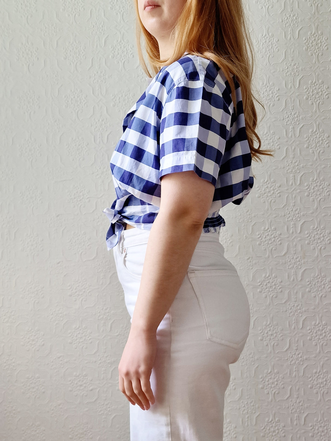 Vintage 90s White & Blue Gingham Cropped Blouse Top - M/L