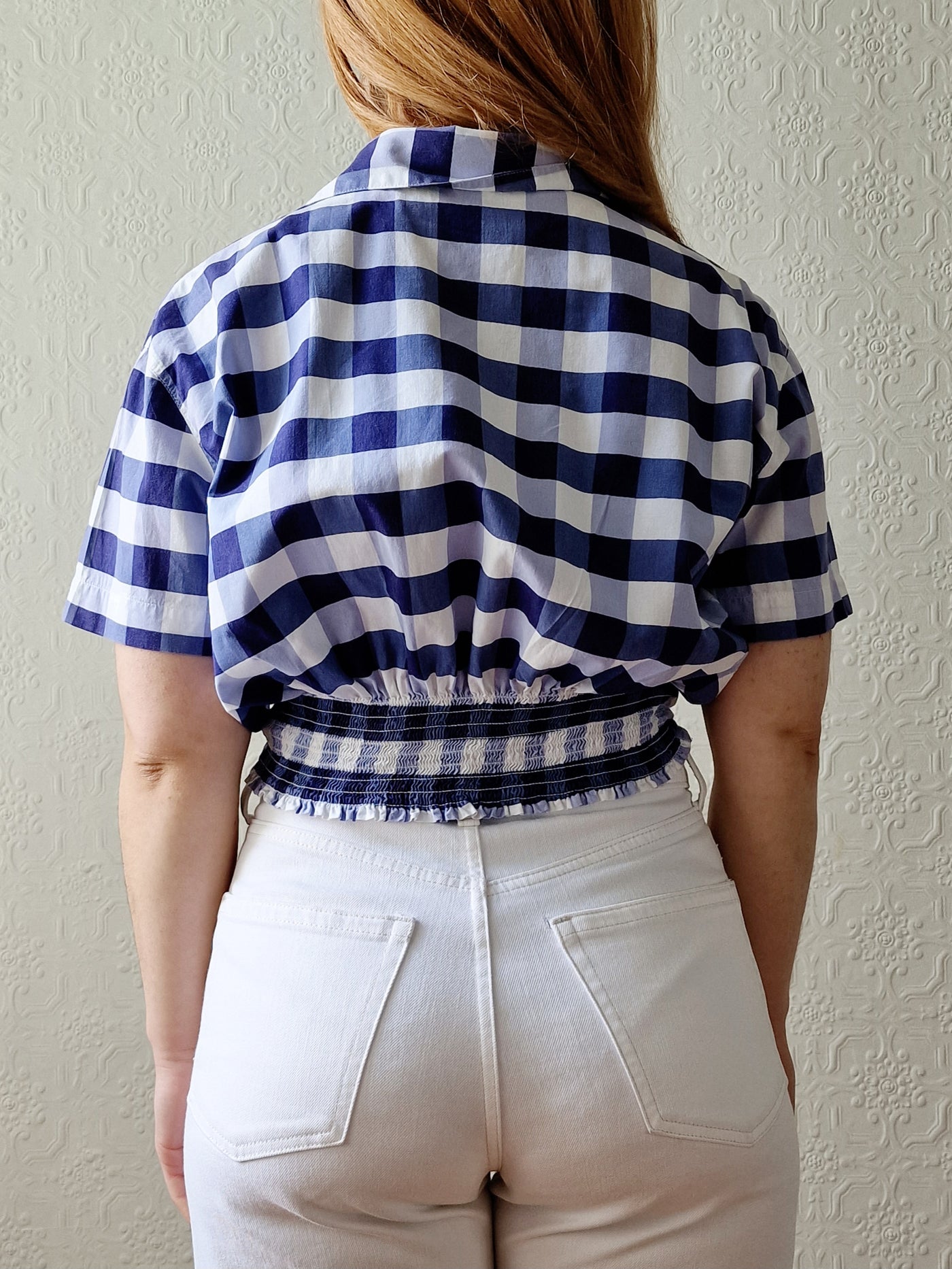 Vintage 90s White & Blue Gingham Cropped Blouse Top - M/L