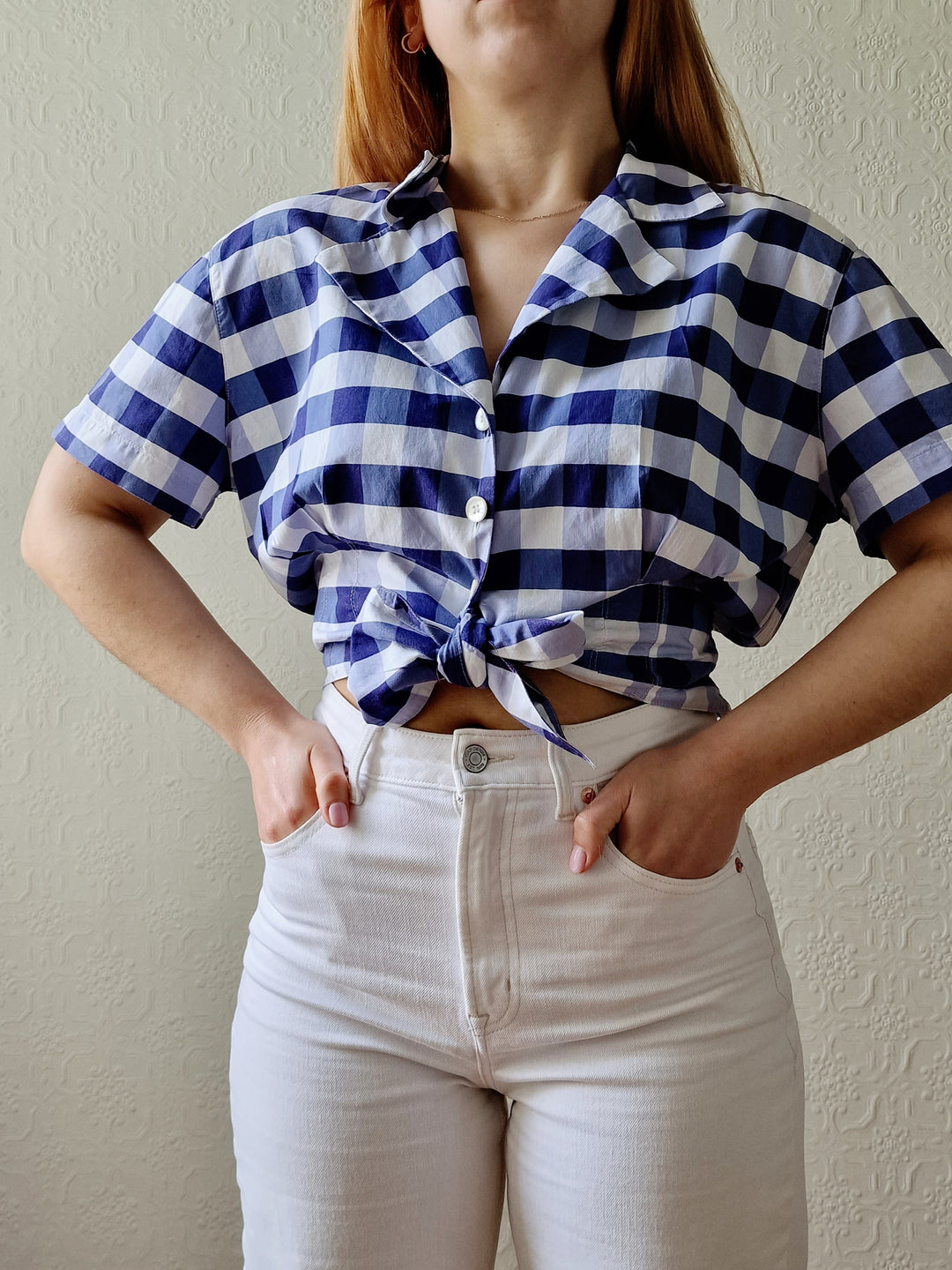 Vintage 90s White & Blue Gingham Cropped Blouse Top - M/L