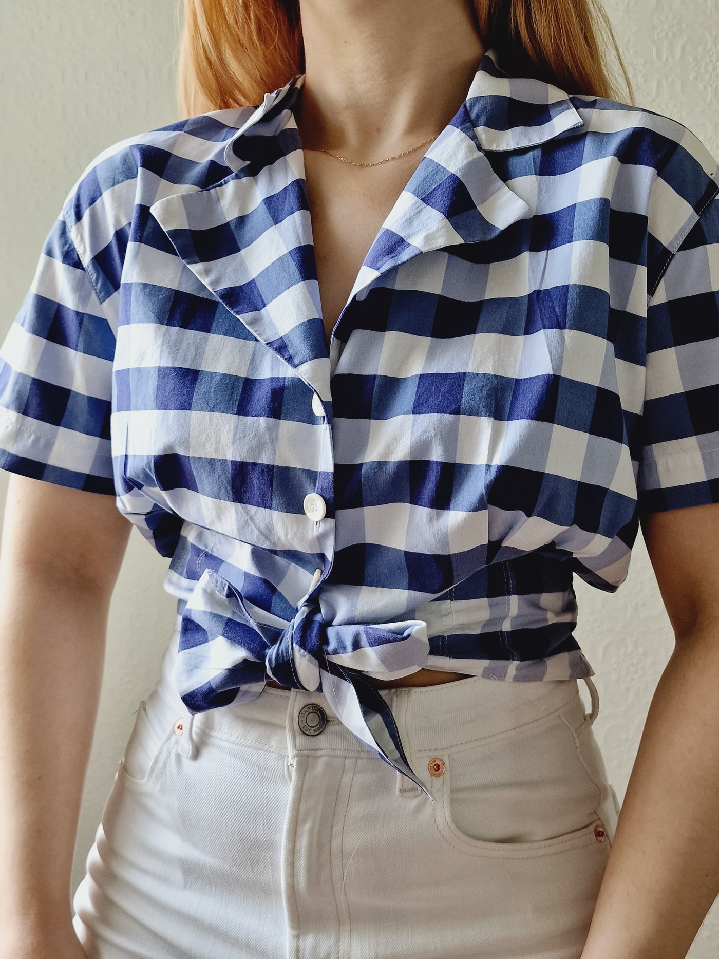 Vintage 90s White & Blue Gingham Cropped Blouse Top - M/L