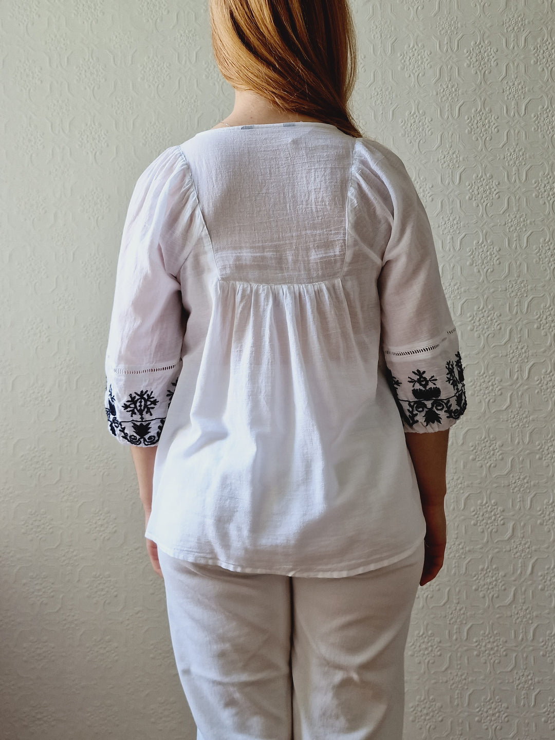 Vintage White Cotton Folk Blouse with Black Embroidery - S/M