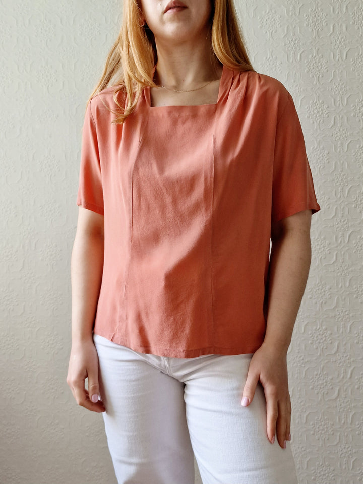 Vintage 90s Dusty Pink 100% Silk Blouse with Short Sleeves - M