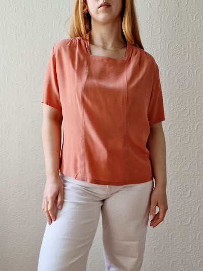 Vintage 90s Dusty Pink 100% Silk Blouse with Short Sleeves - M