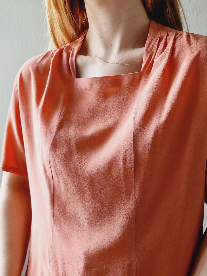 Vintage 90s Dusty Pink 100% Silk Blouse with Short Sleeves - M