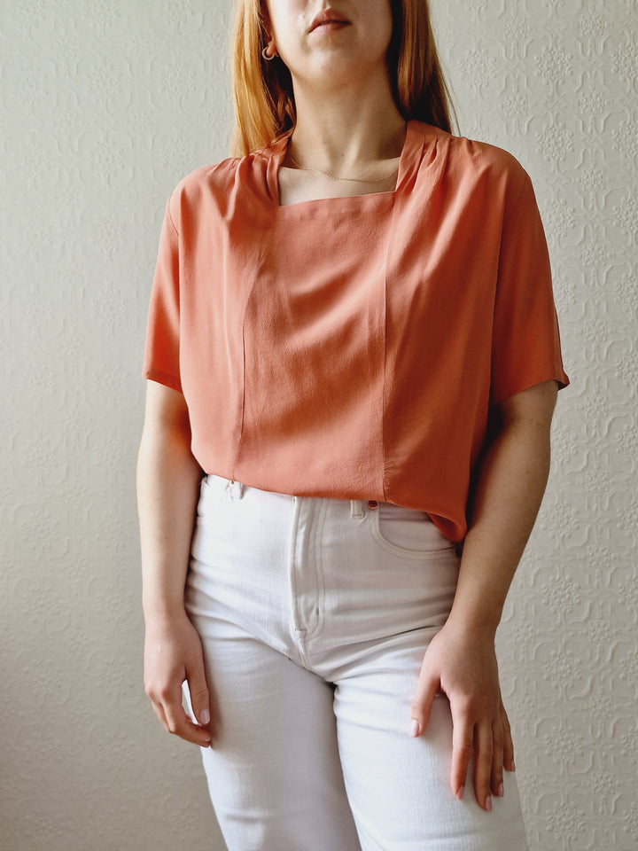 Vintage 90s Dusty Pink 100% Silk Blouse with Short Sleeves - M