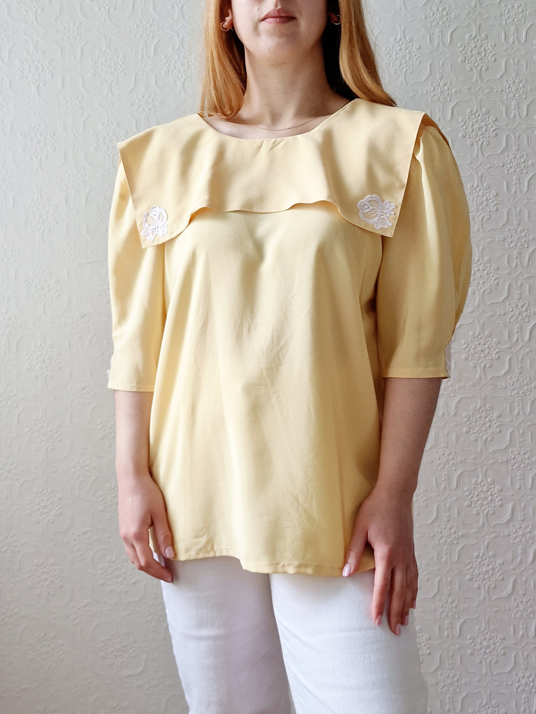 Vintage 80s Lemon Yellow Statement Collar Blouse - M