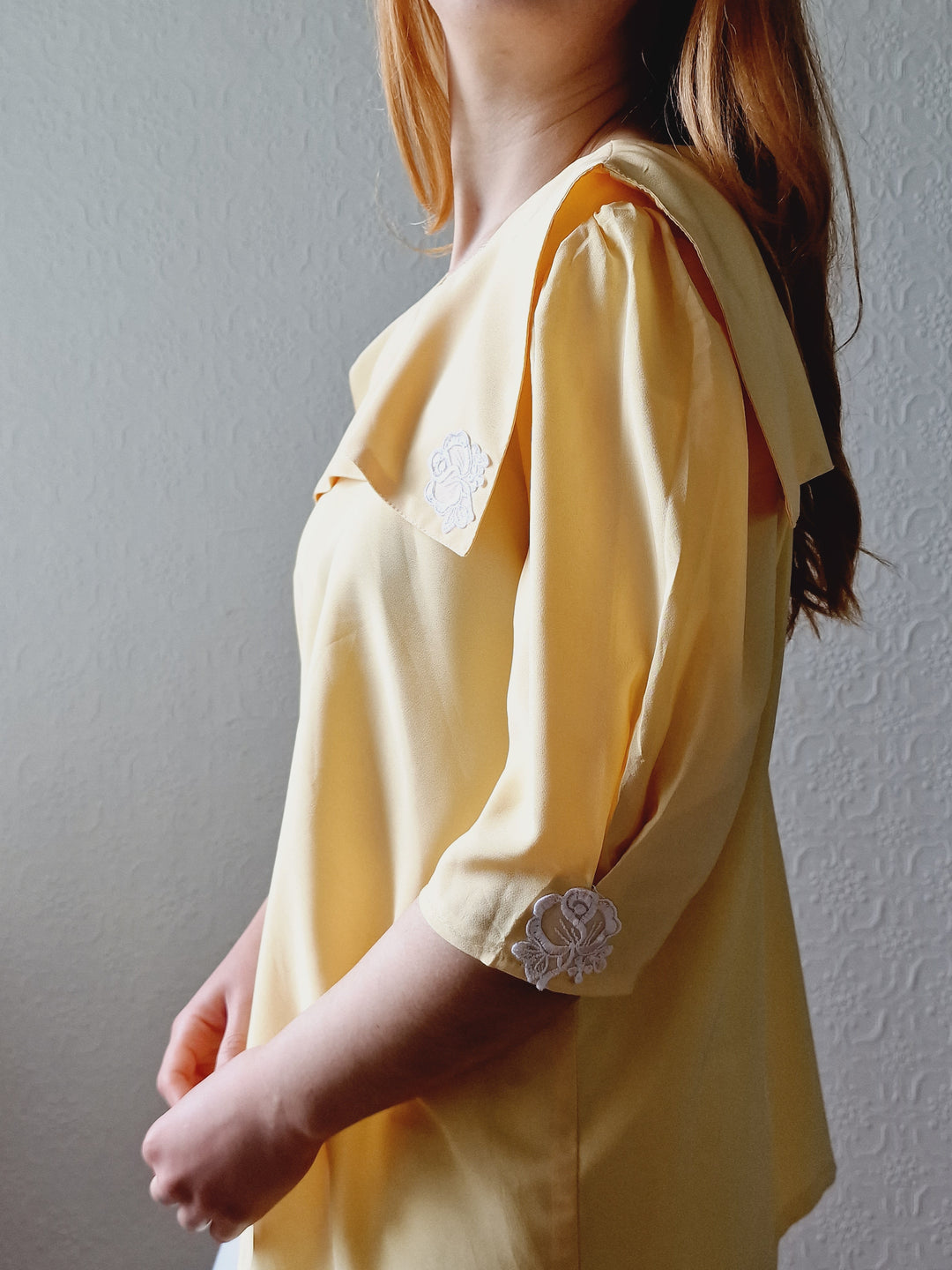 Vintage 80s Lemon Yellow Statement Collar Blouse - M