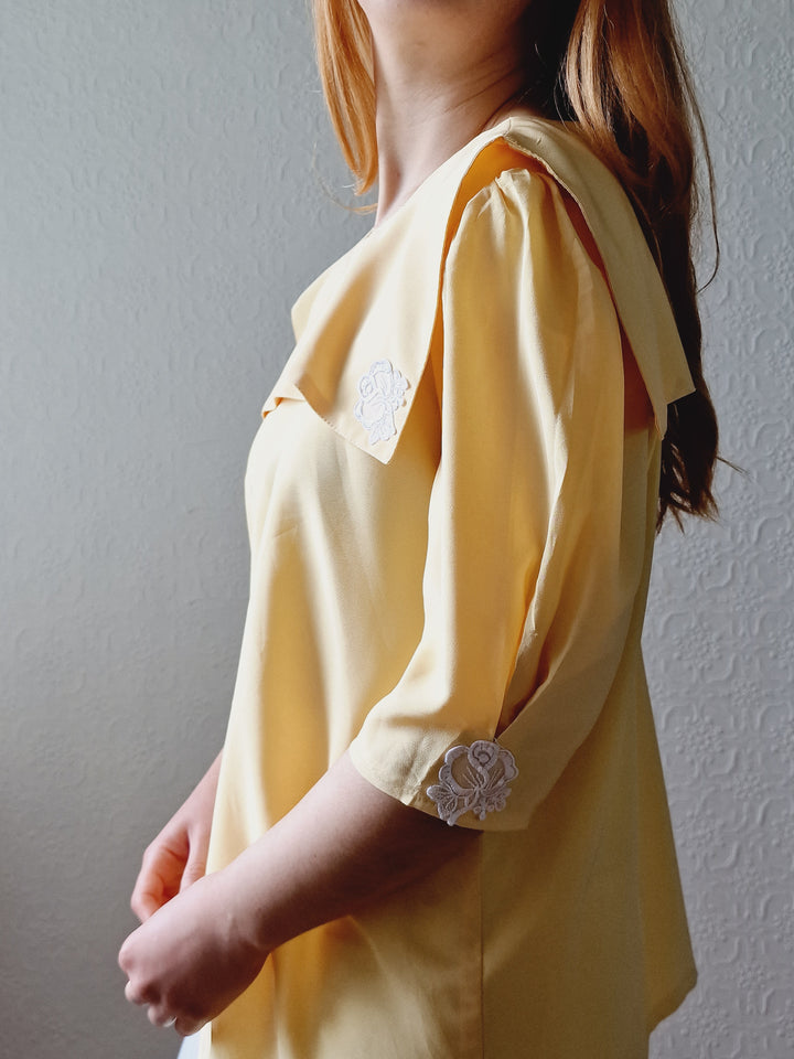 Vintage 80s Lemon Yellow Statement Collar Blouse - M