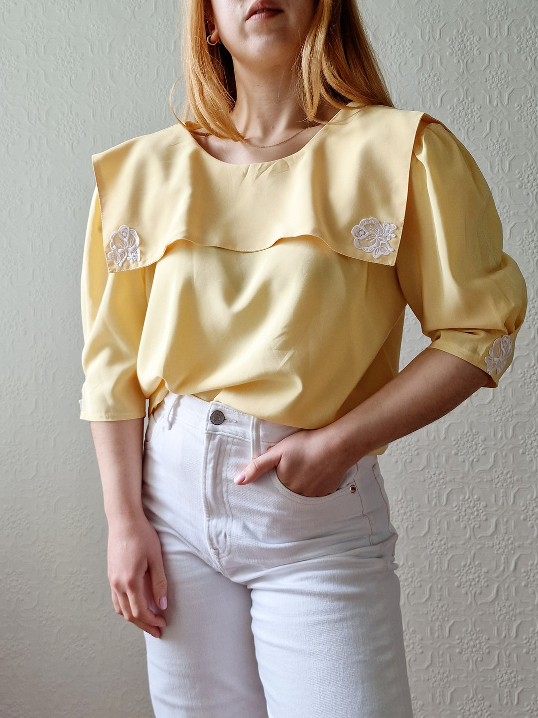 Vintage 80s Lemon Yellow Statement Collar Blouse - M