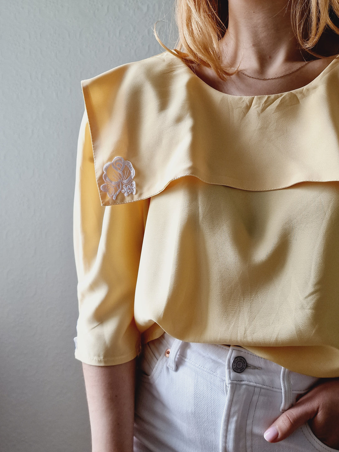 Vintage 80s Lemon Yellow Statement Collar Blouse - M