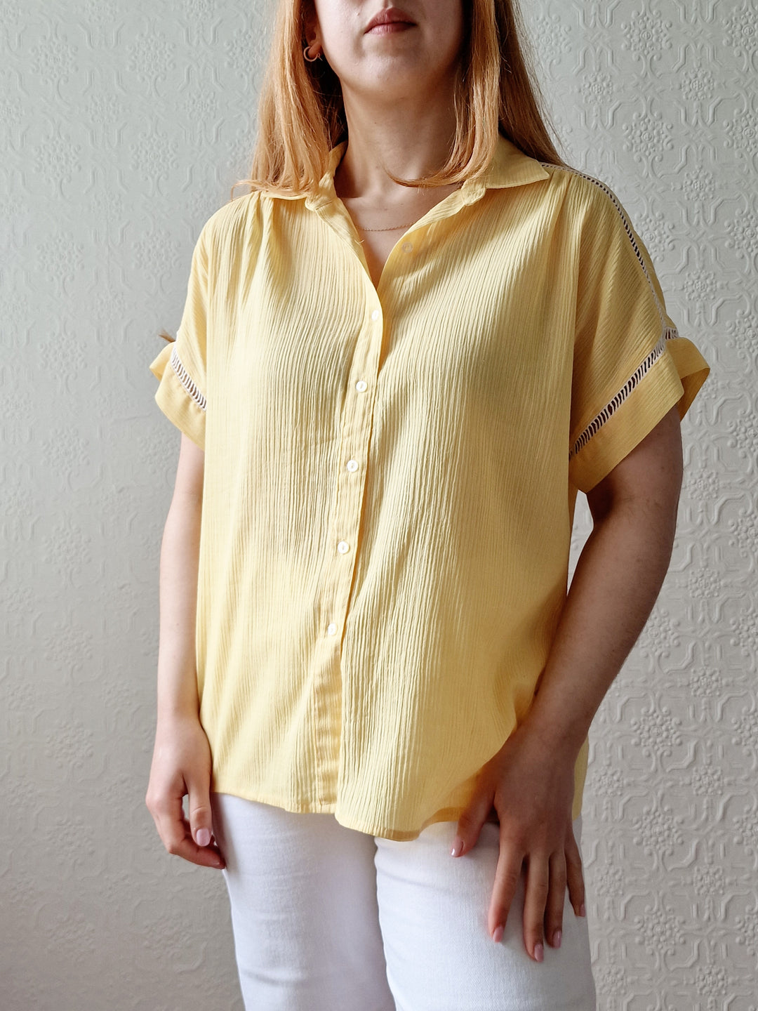 Vintage 90s Lemon Yellow Blouse with Short Sleeves - M/L