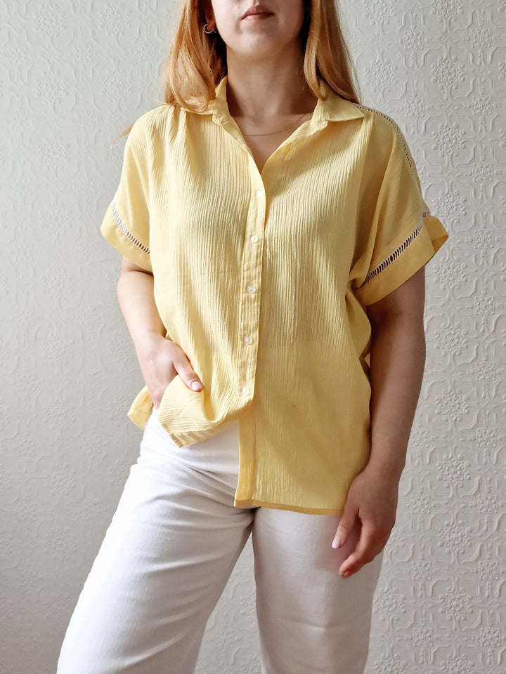 Vintage 90s Lemon Yellow Blouse with Short Sleeves - M/L