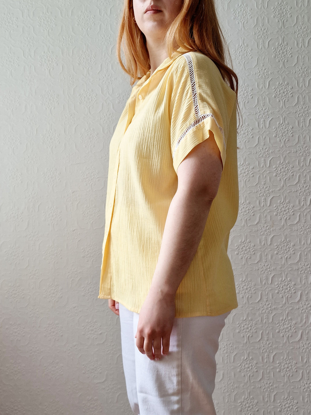 Vintage 90s Lemon Yellow Blouse with Short Sleeves - M/L