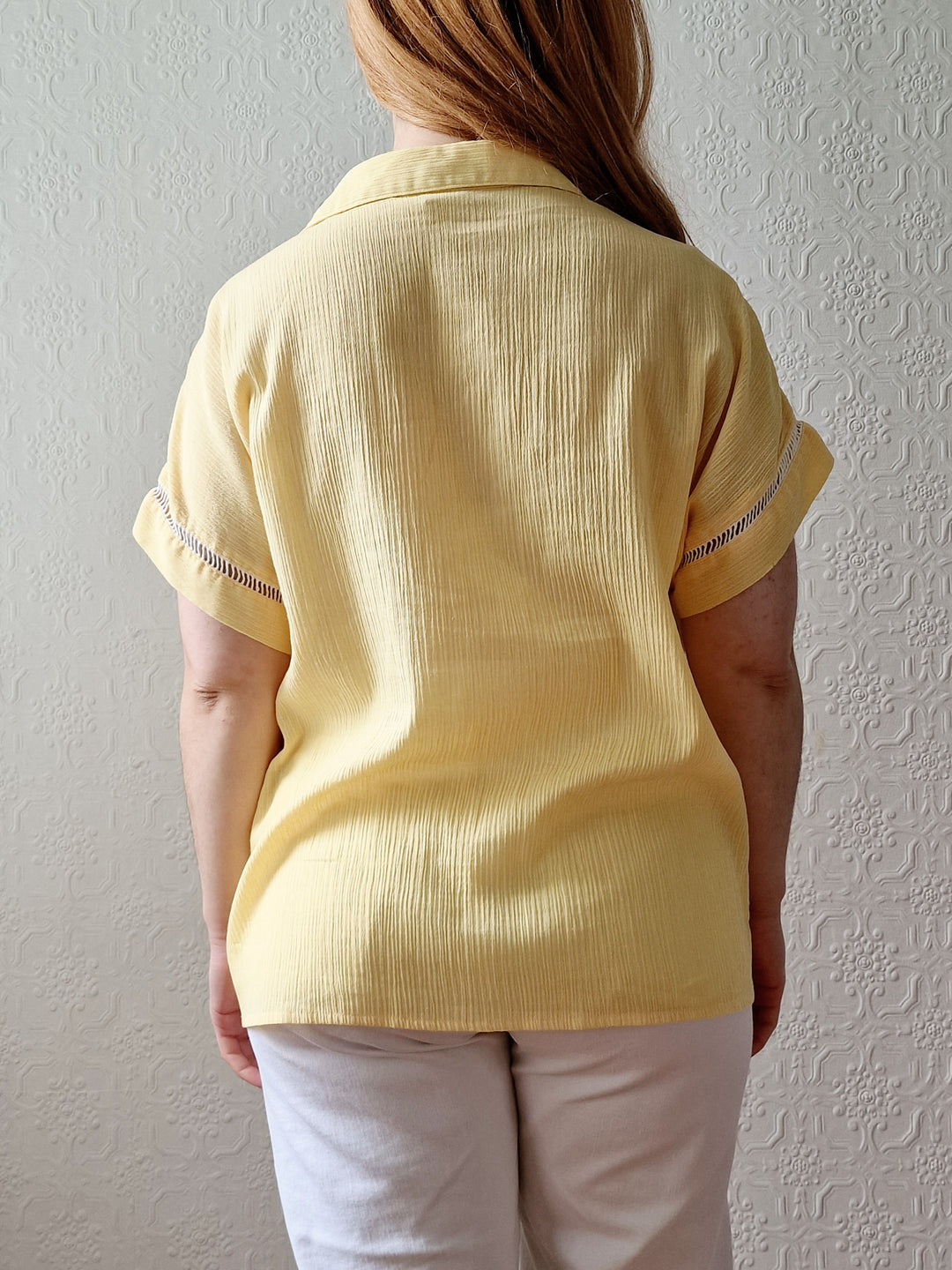 Vintage 90s Lemon Yellow Blouse with Short Sleeves - M/L