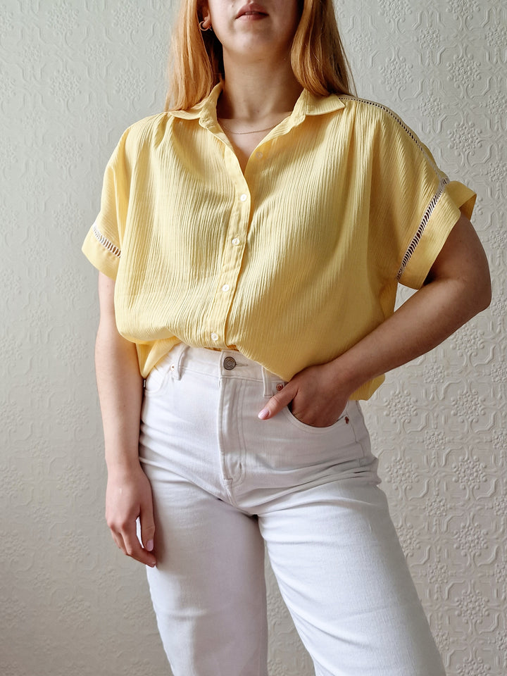 Vintage 90s Lemon Yellow Blouse with Short Sleeves - M/L