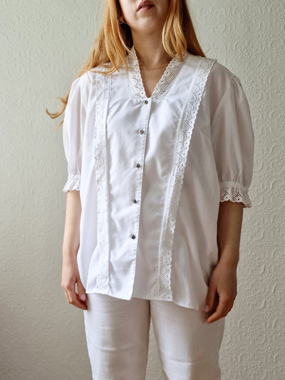 Vintage White Austrian Broderie Anglaise Dirndl Blouse with Puff Sleeves - XL