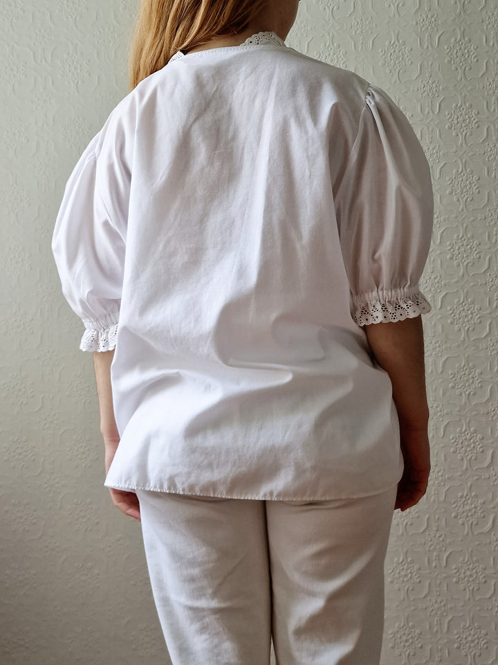 Vintage White Austrian Broderie Anglaise Dirndl Blouse with Puff Sleeves - XL