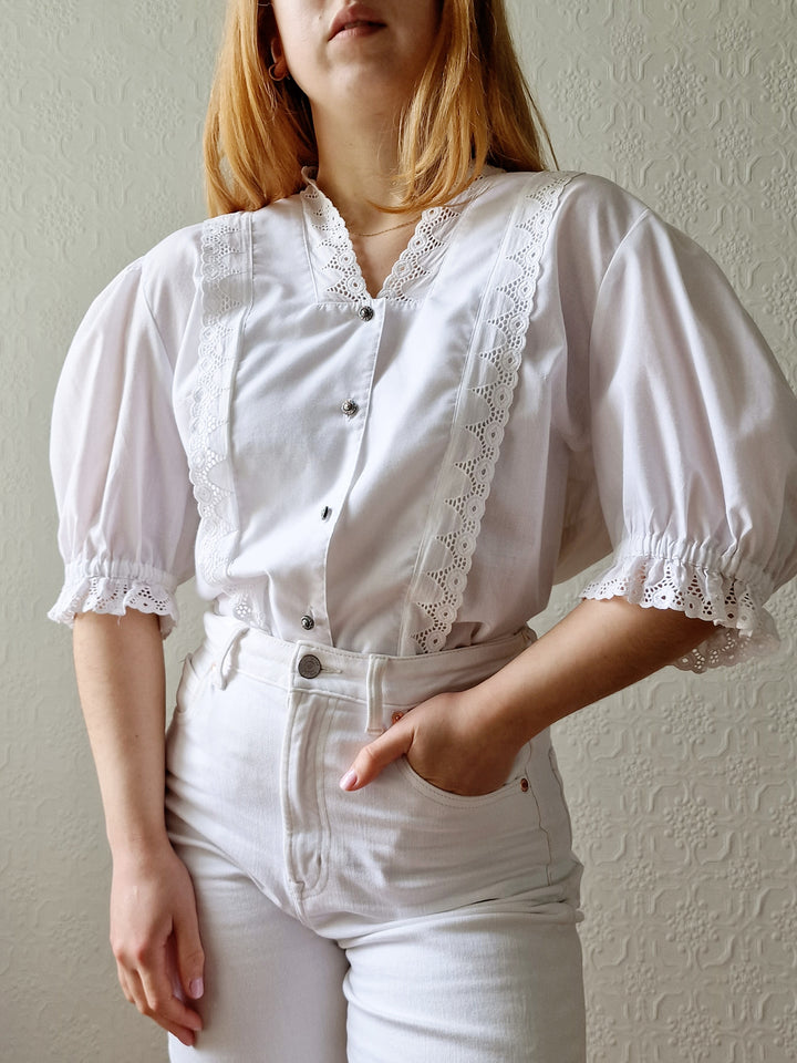 Vintage White Austrian Broderie Anglaise Dirndl Blouse with Puff Sleeves - XL