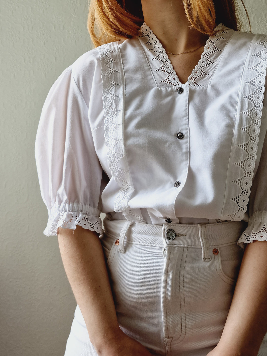 Vintage White Austrian Broderie Anglaise Dirndl Blouse with Puff Sleeves - XL