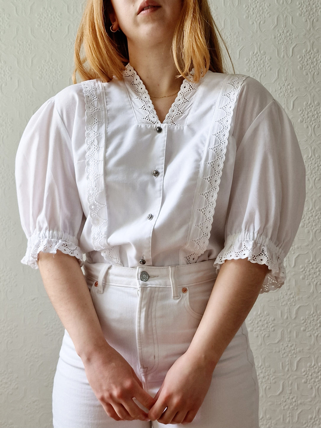 Vintage White Austrian Broderie Anglaise Dirndl Blouse with Puff Sleeves - XL