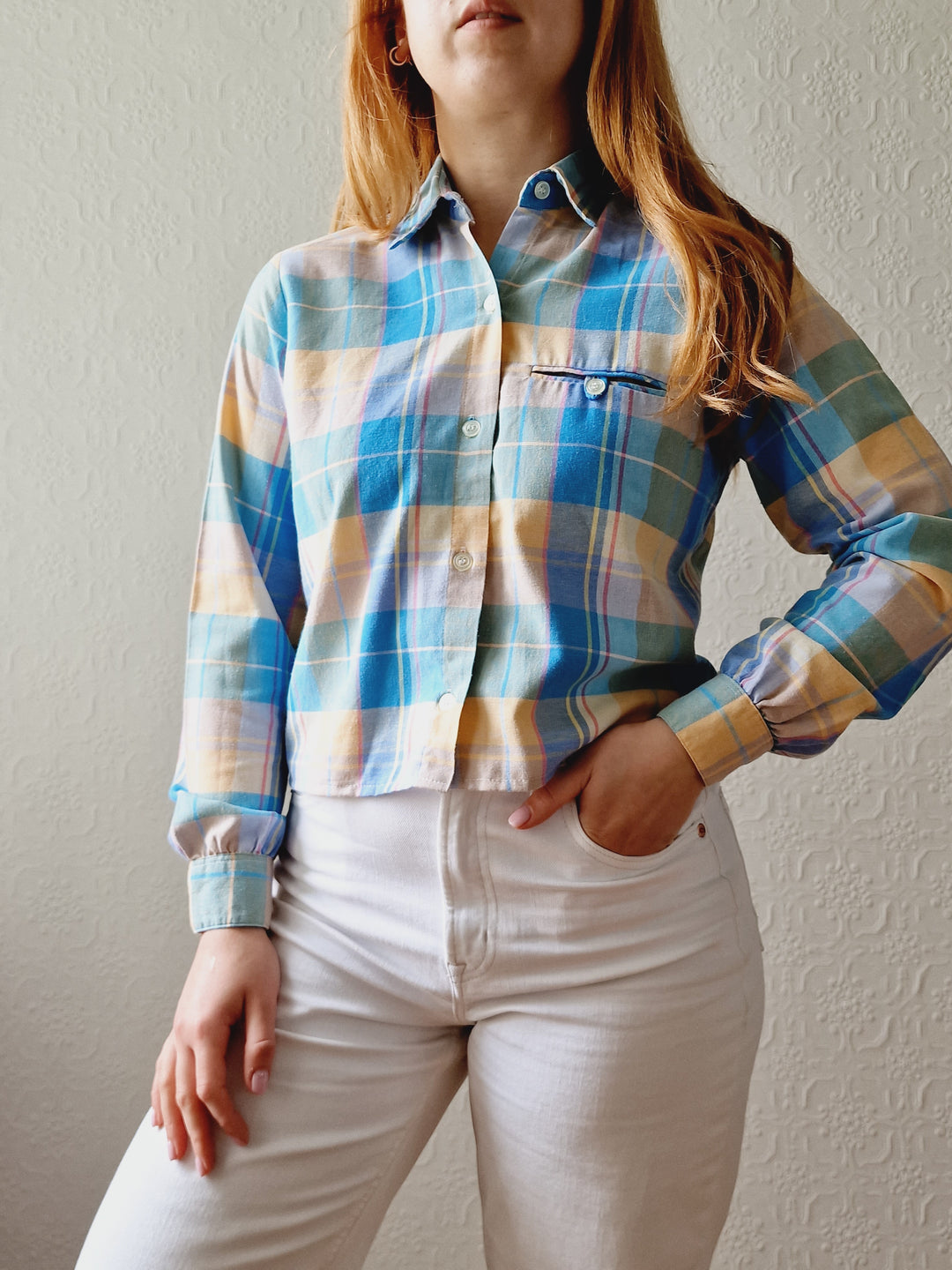 Vintage 70s Multicoloured Pastel Check Cropped Shirt Top with Long Sleeves - XS