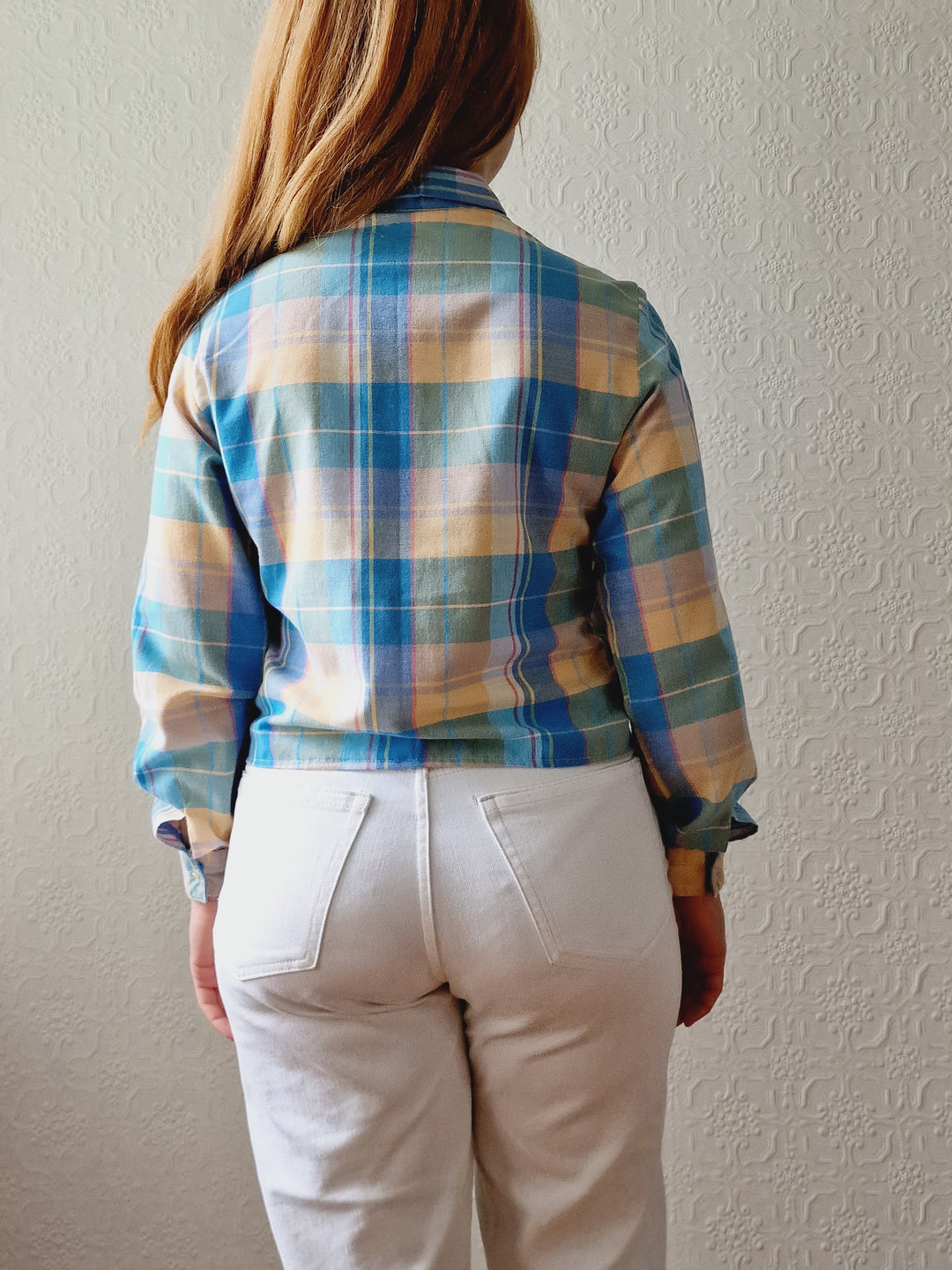 Vintage 70s Multicoloured Pastel Check Cropped Shirt Top with Long Sleeves - XS