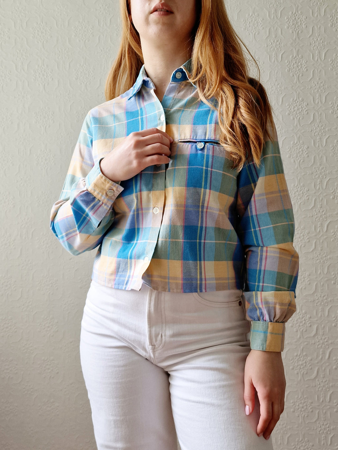 Vintage 70s Multicoloured Pastel Check Cropped Shirt Top with Long Sleeves - XS