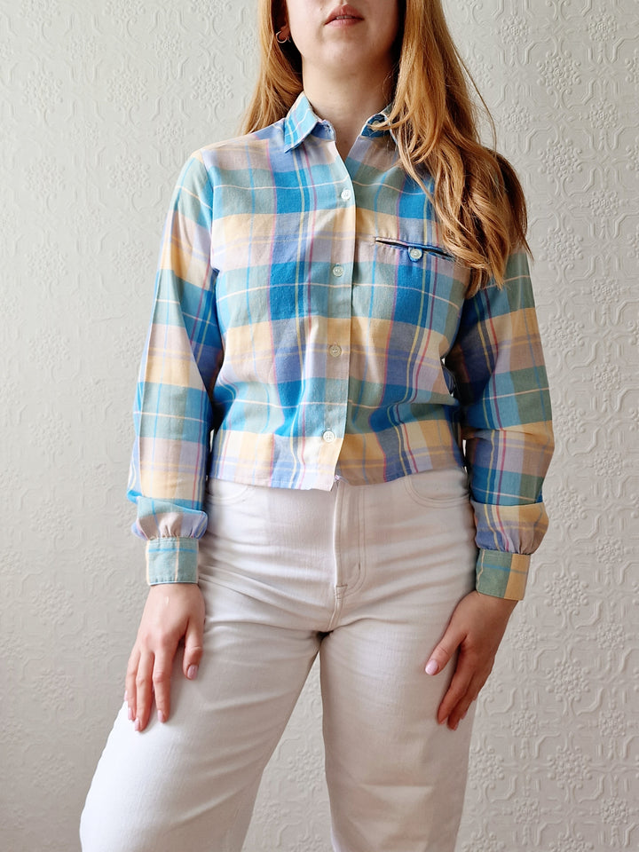 Vintage 70s Multicoloured Pastel Check Cropped Shirt Top with Long Sleeves - XS