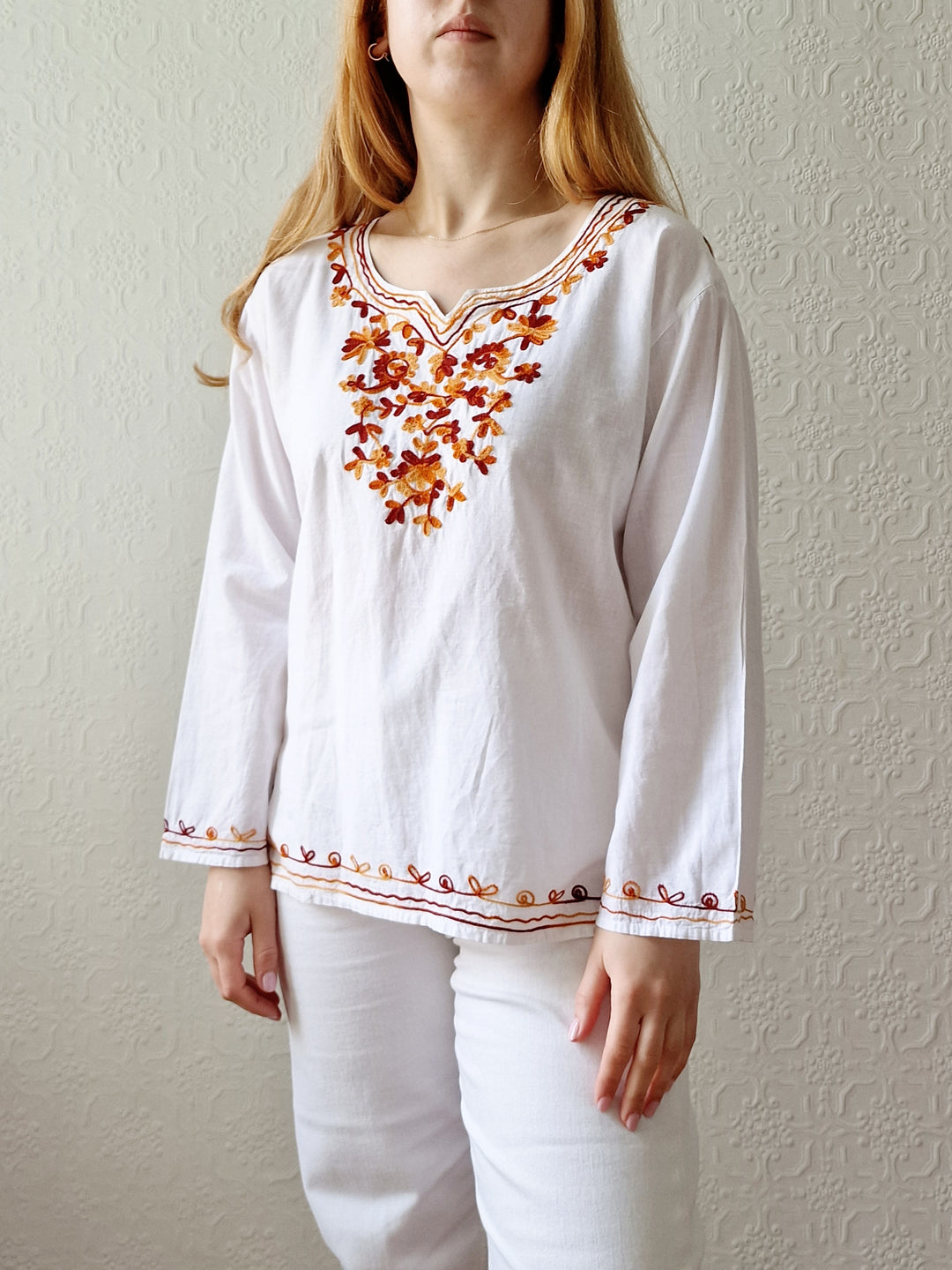 Vintage White Cotton Embroidered Folk Blouse - S