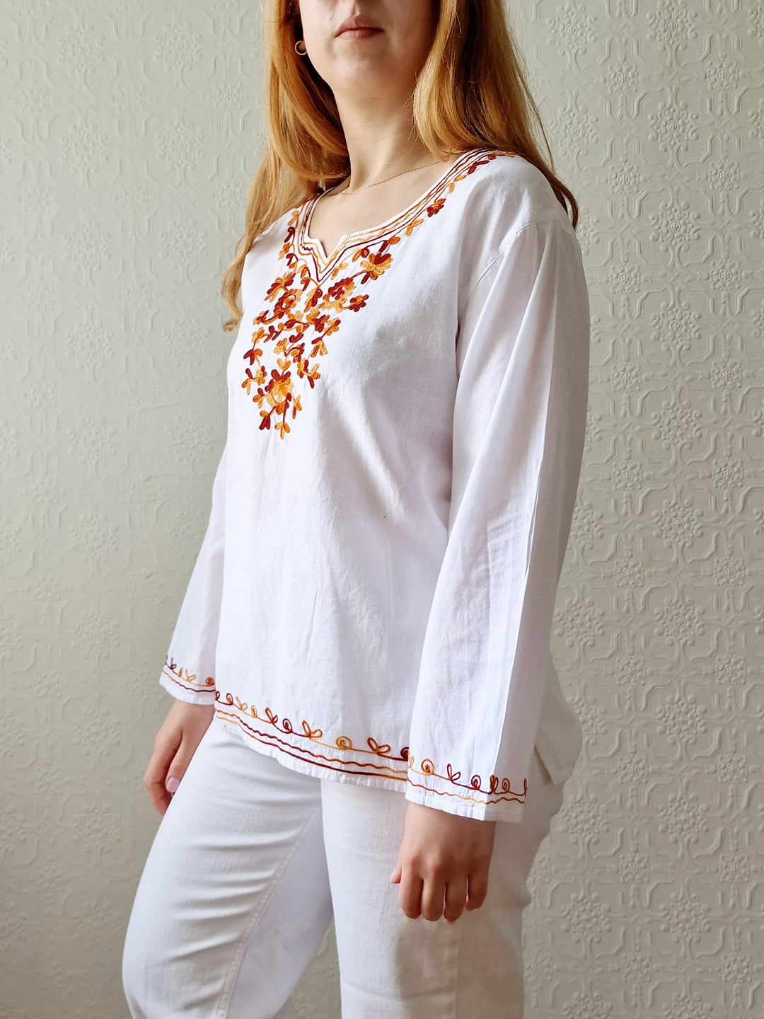 Vintage White Cotton Embroidered Folk Blouse - S