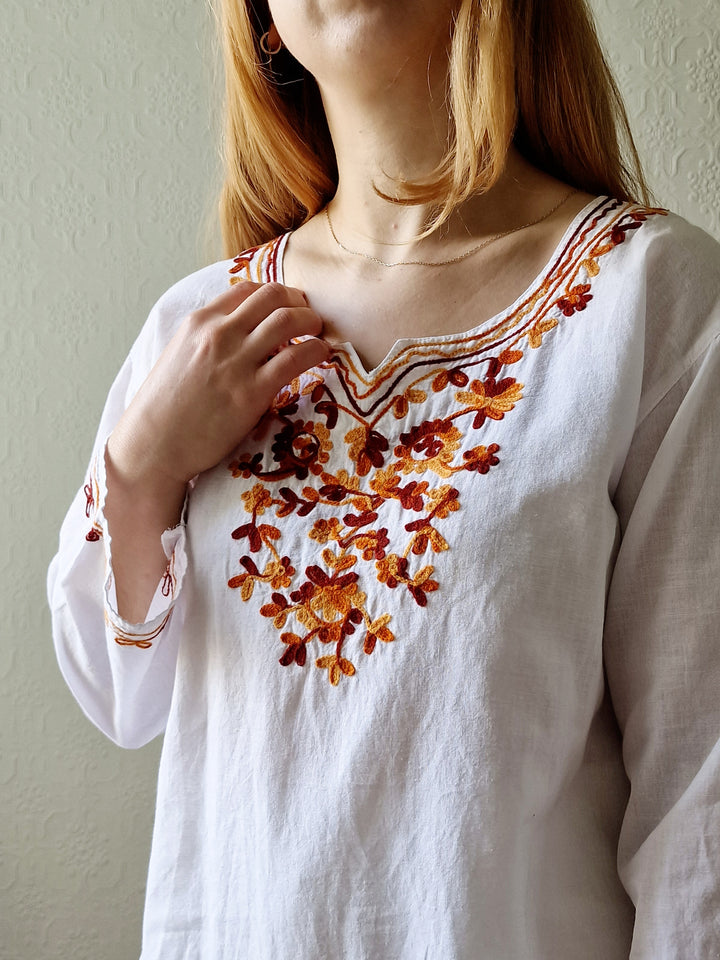 Vintage White Cotton Embroidered Folk Blouse - S