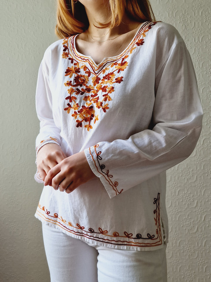 Vintage White Cotton Embroidered Folk Blouse - S