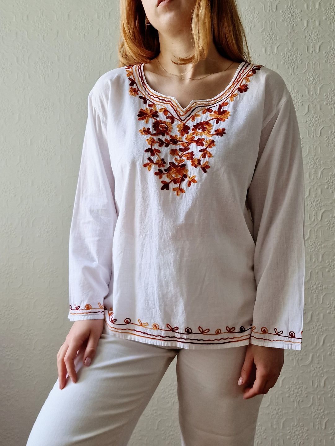 Vintage White Cotton Embroidered Folk Blouse - S