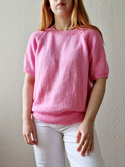 Vintage 80s Bubblegum Pink Round Neck Handknitted Jumper Top with Short Sleeves - S/M