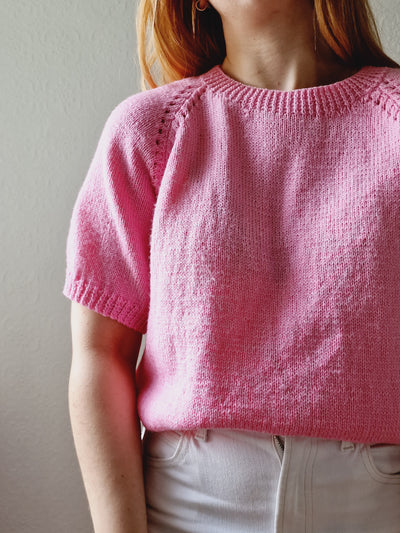 Vintage 80s Bubblegum Pink Round Neck Handknitted Jumper Top with Short Sleeves - S/M