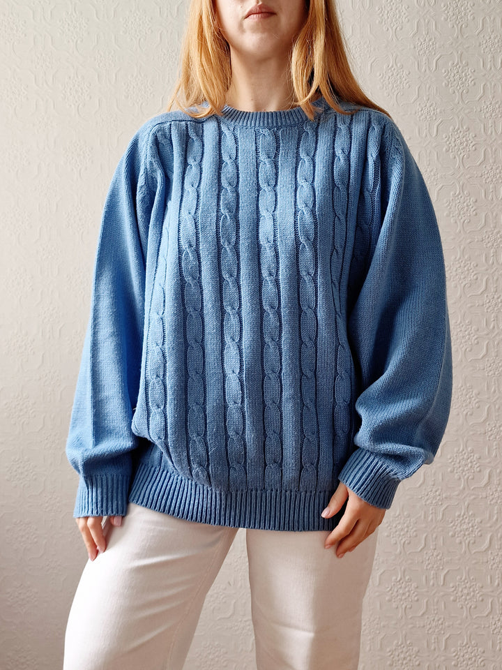 Vintage 90s Light Blue Aran Style Cable Knit Jumper with Crew Neck - L/XL